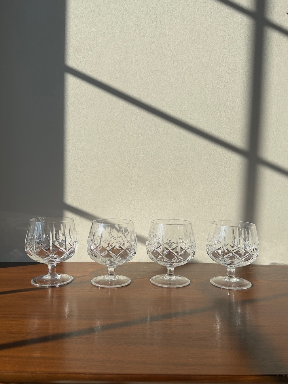 Vintage Set of 4 Crystal Cognac Sniffer Cross Olive Pattern S Glasses.